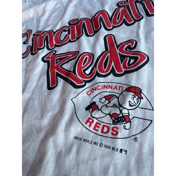 Vintage ‘88 MLB Cincinnati Reds Velva Sheen USA Made Single Stitched S Beige 3/4 - Picture 4 of 8